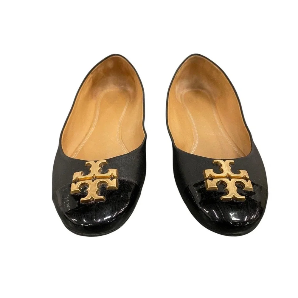 Tory Burch Claire Ballet Flats Women 8 Black Good Patent Cap Toe Logo